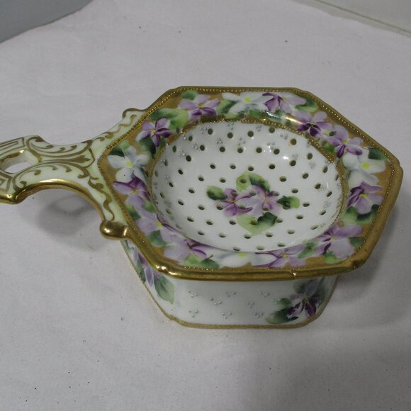 HP Antique Nippon Porcelain Floral Tea Bag Strainer Holder Dish Purple Violets - Picture 9 of 9